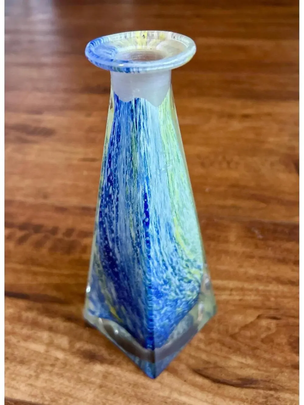 Murano Style Triangle Pyramid Bud Vase Blue / Green Swirl Multicolored